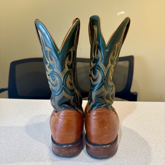 Justin 5505 Western Boot Cognac Smooth Ostrich Leather Square Toe Green 10 D - Picture 2 of 10